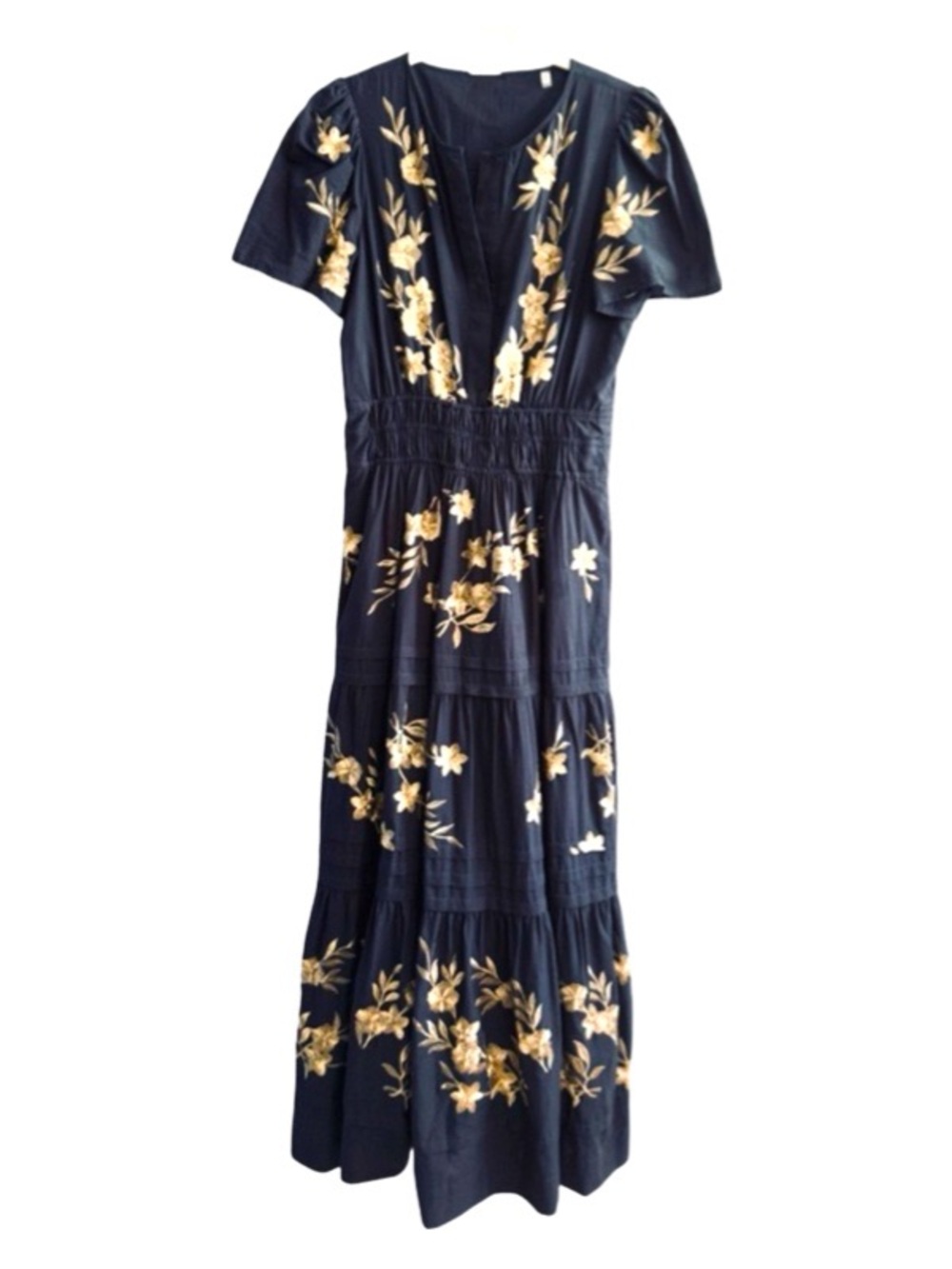 Elie Tahari Embroidered Tiered Maxi Dress 100% Cotton Navy Blue Soft Gold Size 6